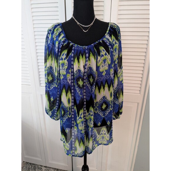 Evan-Picone Semi-Sheer Blouse Women's 16W Abstract Boho Print Royal Blue Lime - Picture 1 of 12